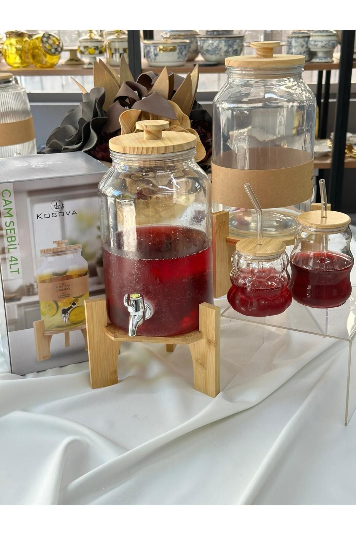Bambu Standlı Şerbet Limonata Cam Sebil 4 Lt (2'Lİ BARDAK HEDİYE)
