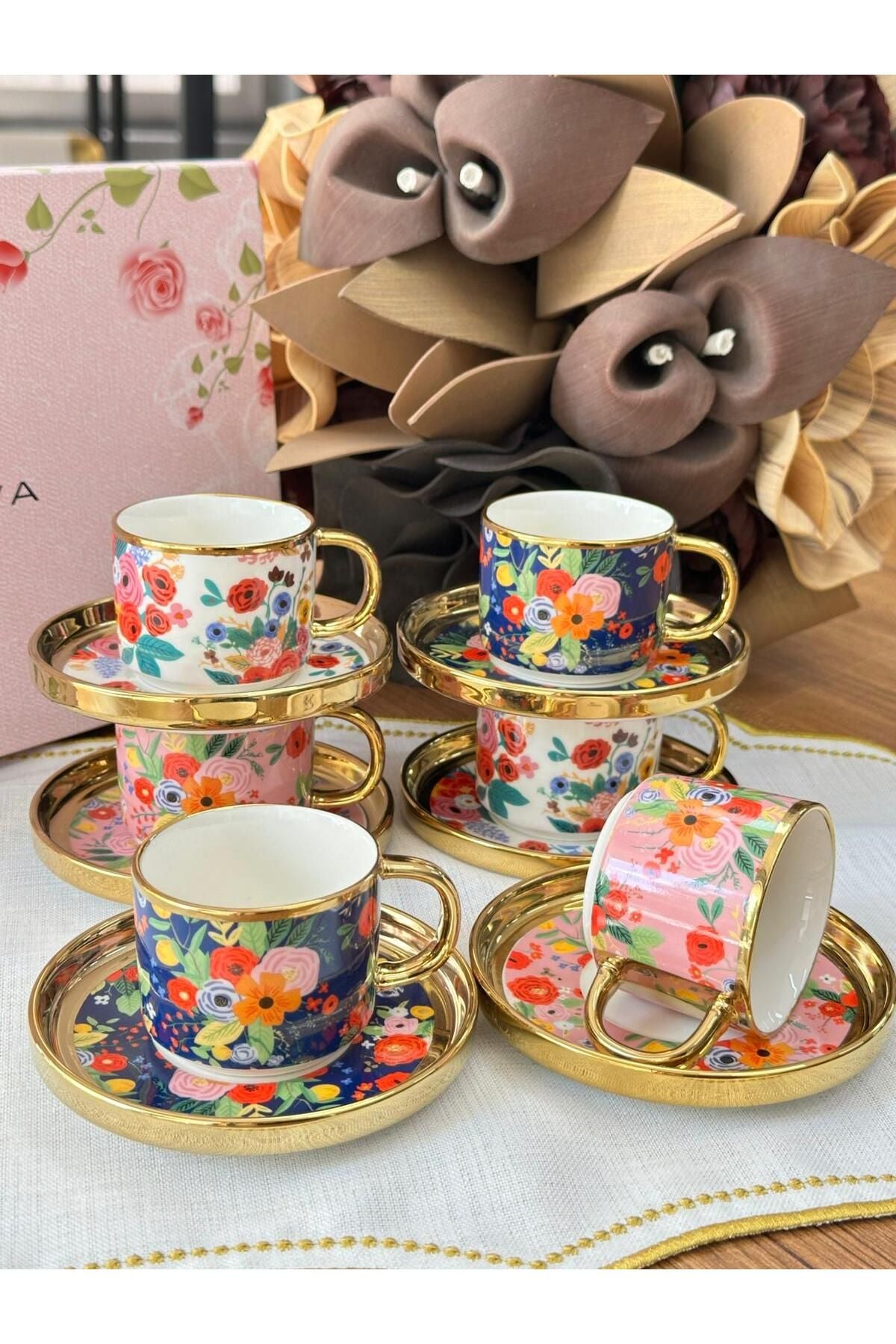 Türk Kahve Fincanı Flowers 6 Kişilik 12 Parça