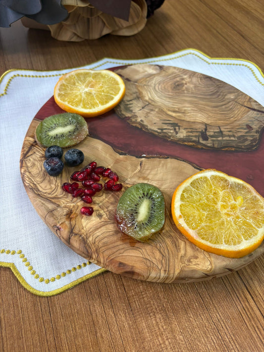 Doğal Efektli Yuvarlak Epoksi Sunumluk / Bordo / Orta Sunumluk /Servis