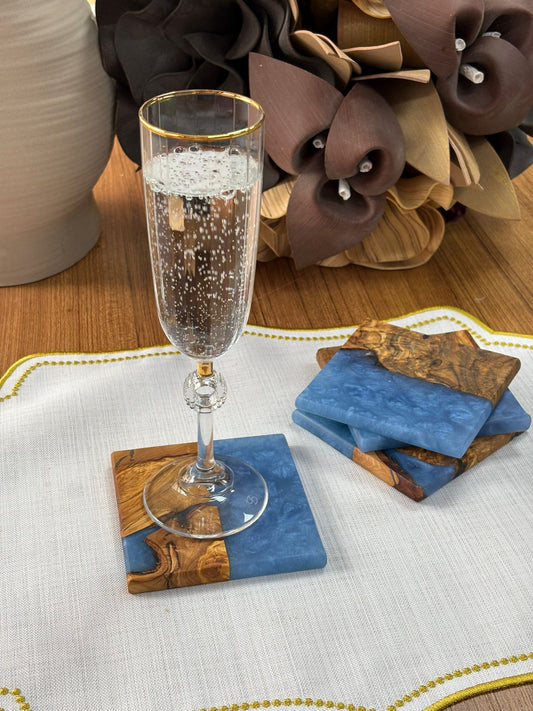 Doğal Efektli Kare Epoksi Bardak Altlığı / Mavi