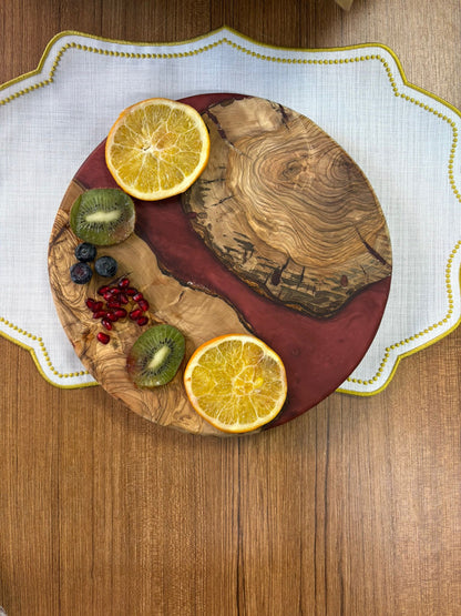 Doğal Efektli Yuvarlak Epoksi Sunumluk  / Bordo / Orta Sunumluk /Servis