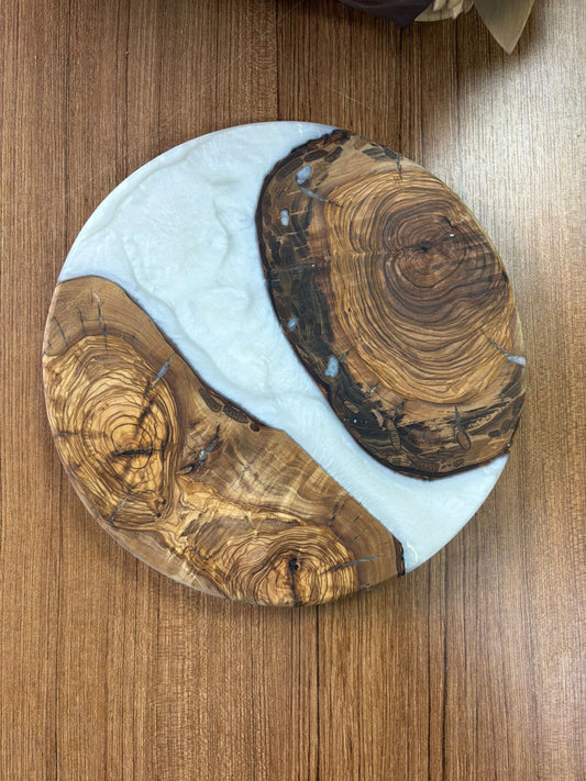 Doğal Efektli Yuvarlak Epoksi Sunumluk  / Krem / Orta Sunumluk /Servis