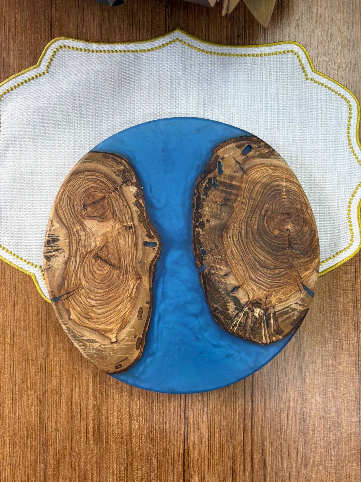 Doğal Efektli Yuvarlak Epoksi Sunumluk  / Mavi / Orta Sunumluk /Servis