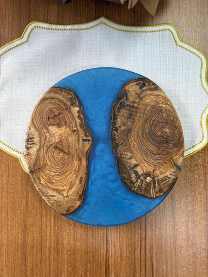 Doğal Efektli Yuvarlak Epoksi Sunumluk  / Mavi / Orta Sunumluk /Servis