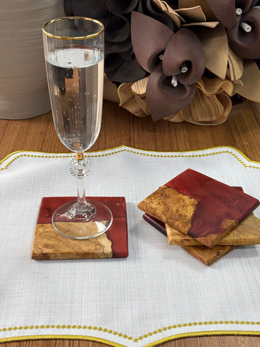 Doğal Efektli Kare Epoksi Bardak Altlığı / Bordo