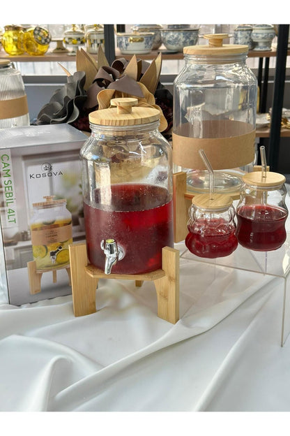 Bambu Standlı Şerbet Limonata Cam Sebil 4 Lt (2'Lİ BARDAK HEDİYE)