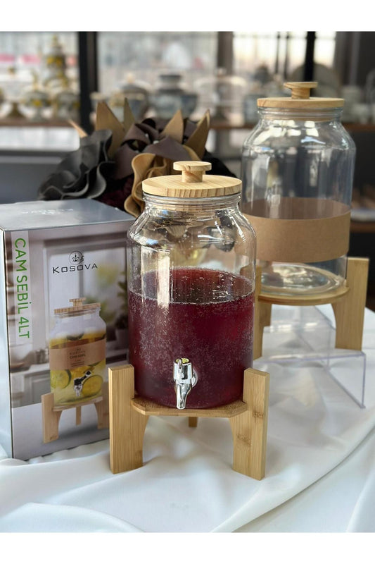 Bambu Standlı Şerbet Limonata Cam Sebil 4 Lt (2'Lİ BARDAK HEDİYE)