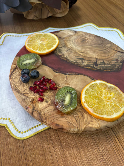 Doğal Efektli Yuvarlak Epoksi Sunumluk  / Bordo / Orta Sunumluk /Servis