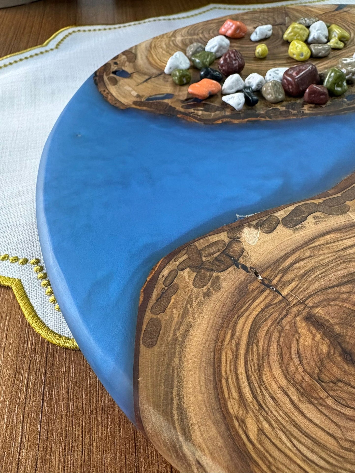 Doğal Efektli Yuvarlak Epoksi Sunumluk  / Mavi / Orta Sunumluk /Servis