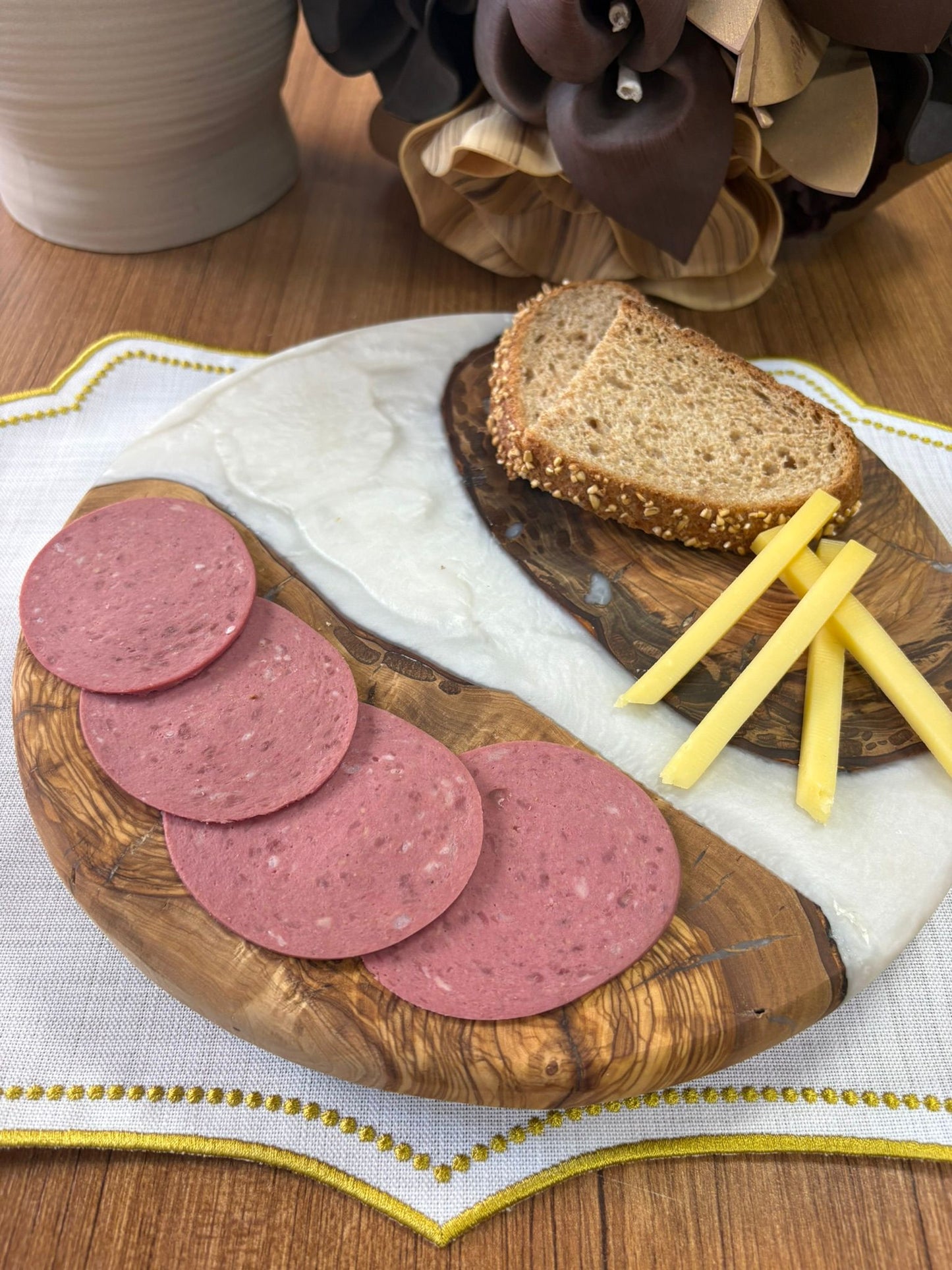 Doğal Efektli Yuvarlak Epoksi Sunumluk  / Krem / Orta Sunumluk /Servis