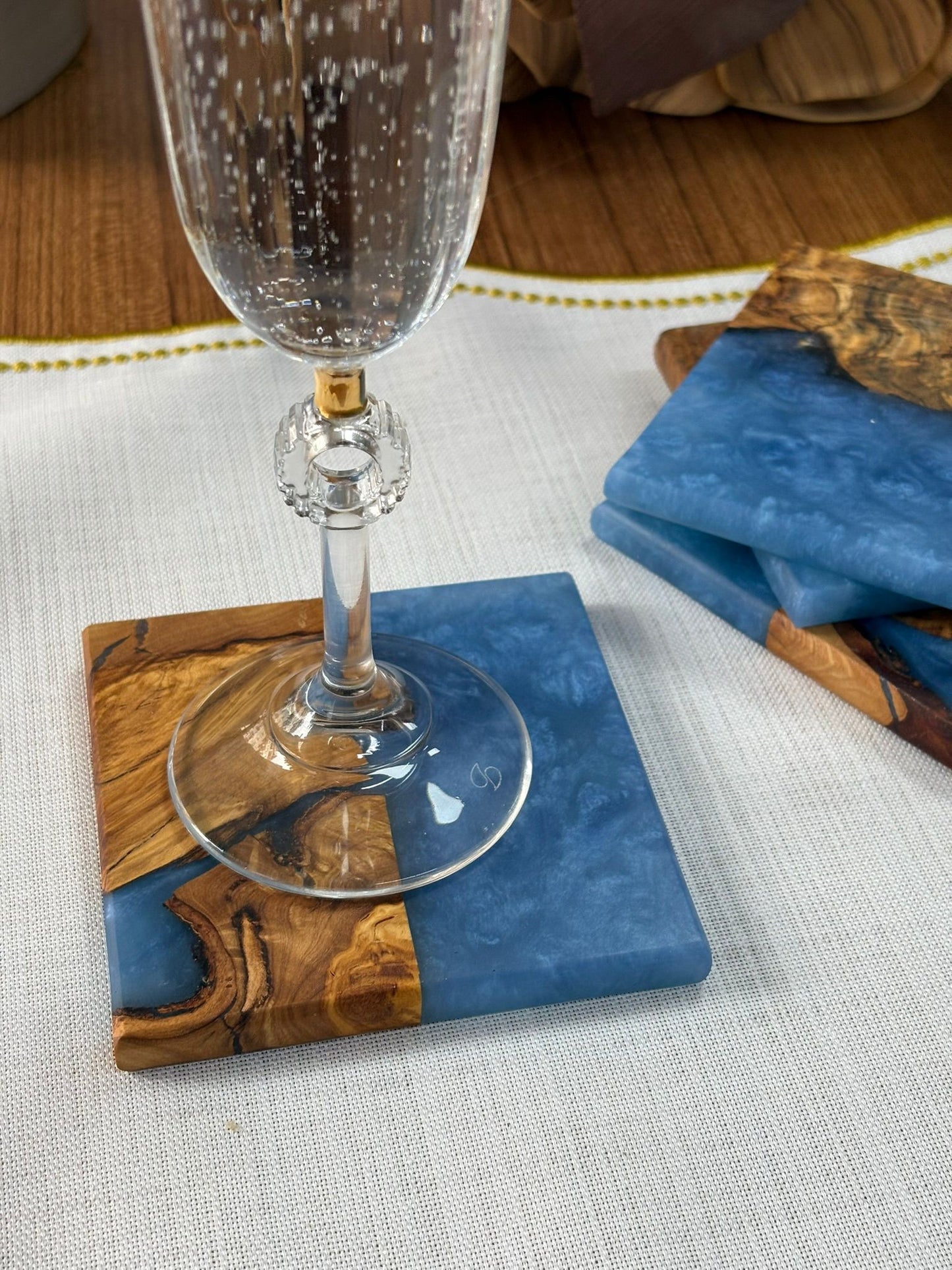 Doğal Efektli Kare Epoksi Bardak Altlığı / Mavi