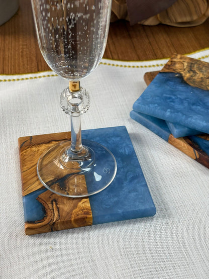 Doğal Efektli Kare Epoksi Bardak Altlığı / Mavi