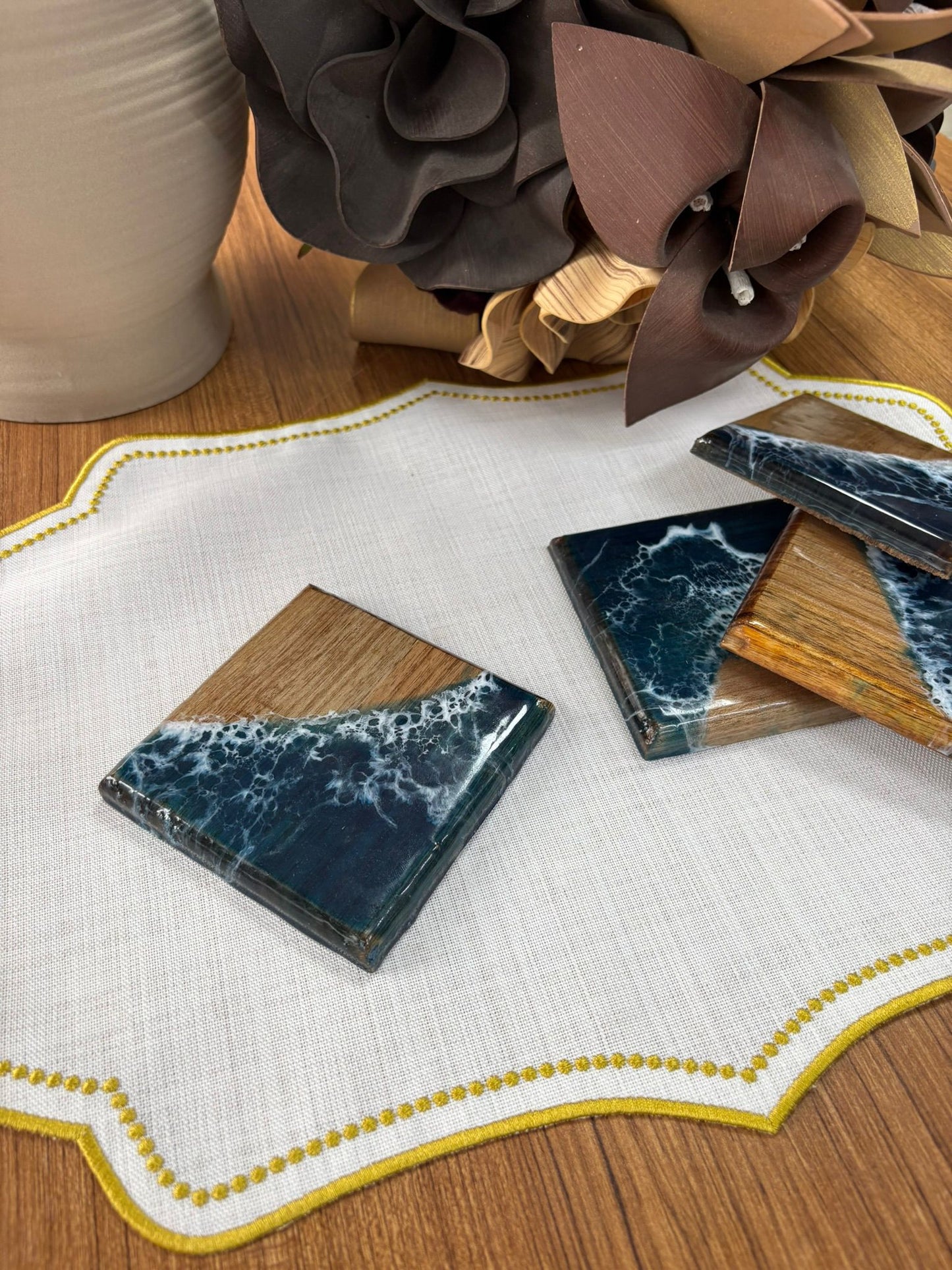 Doğal Okyanus Efektli Kare Epoksi Bardak Altlığı