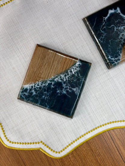 Doğal Okyanus Efektli Kare Epoksi Bardak Altlığı