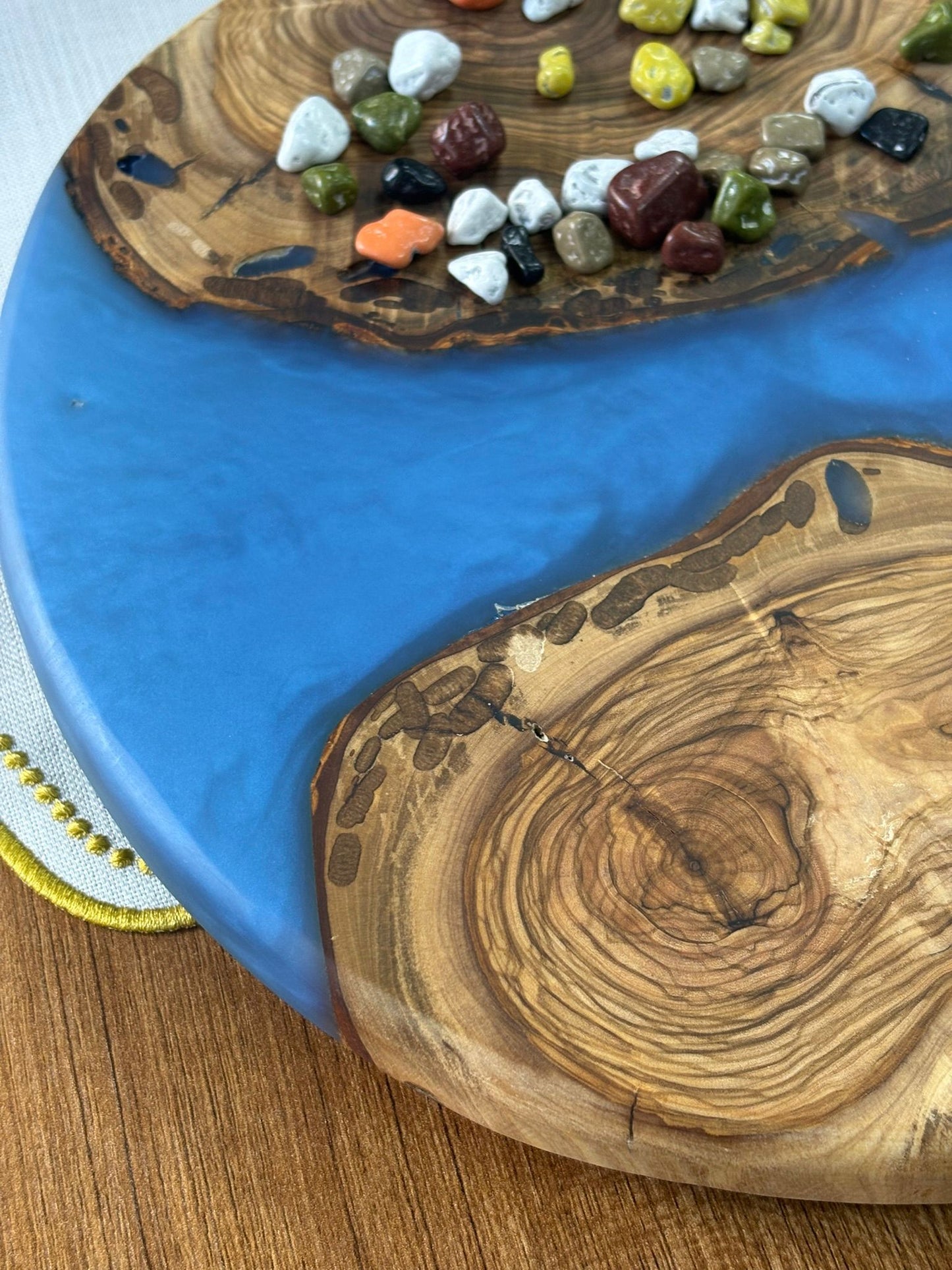 Doğal Efektli Yuvarlak Epoksi Sunumluk  / Mavi / Orta Sunumluk /Servis