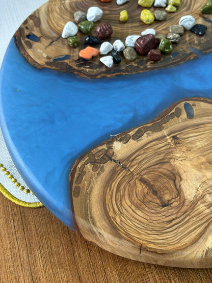 Doğal Efektli Yuvarlak Epoksi Sunumluk  / Mavi / Orta Sunumluk /Servis