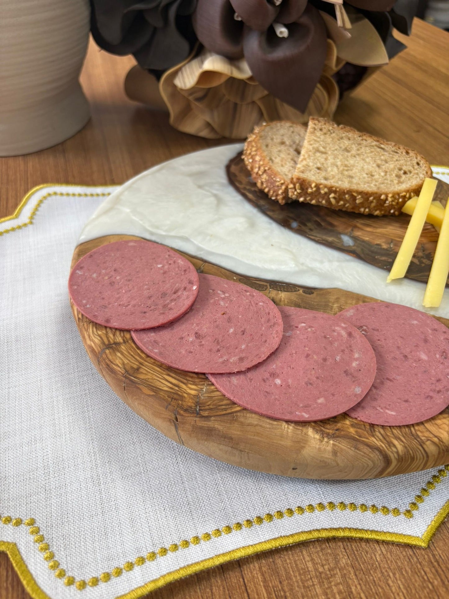 Doğal Efektli Yuvarlak Epoksi Sunumluk  / Krem / Orta Sunumluk /Servis