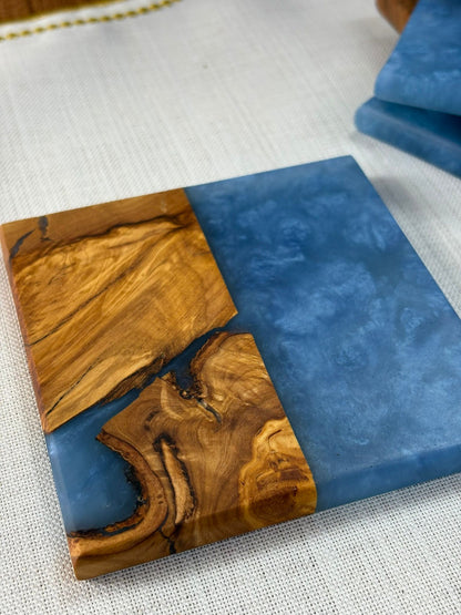 Doğal Efektli Kare Epoksi Bardak Altlığı / Mavi