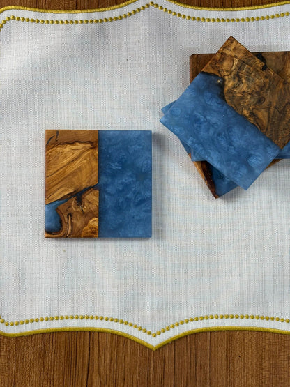 Doğal Efektli Kare Epoksi Bardak Altlığı / Mavi