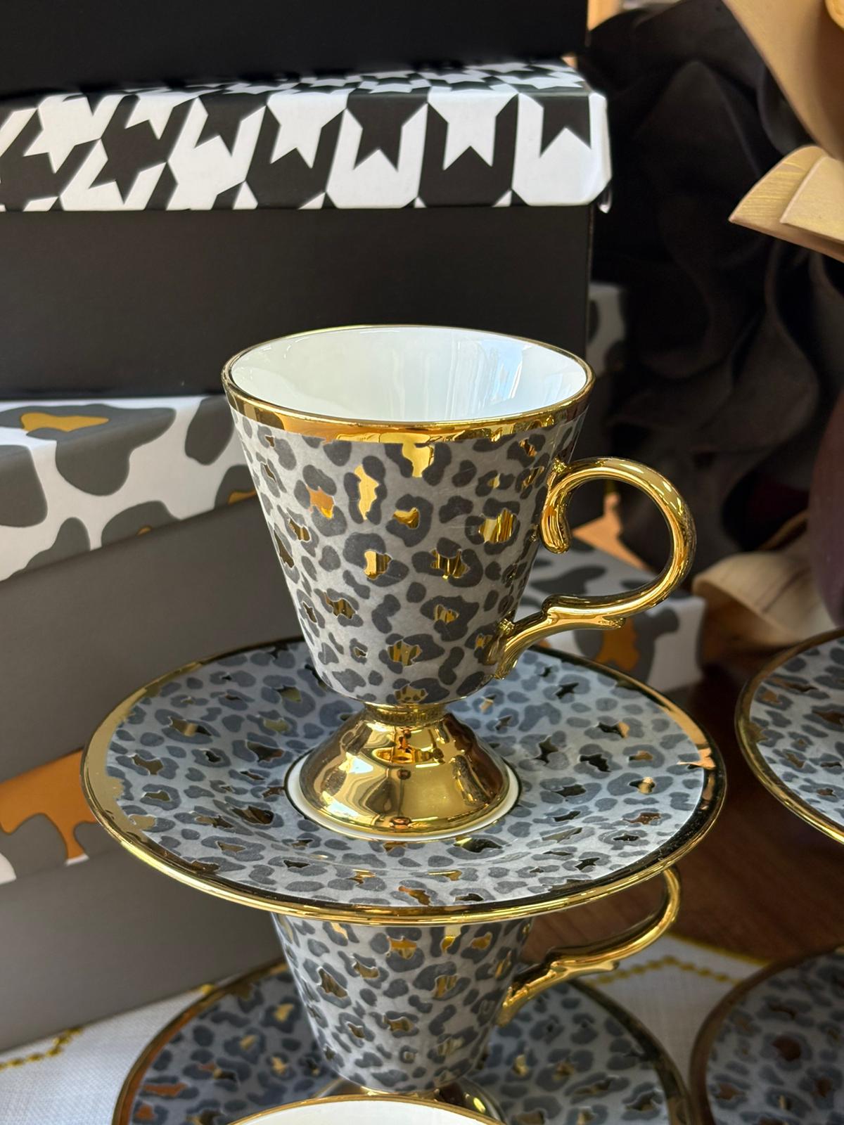 Türk Kahve Fincanı Leopar Desenli 6 Kişilik 12 Parça